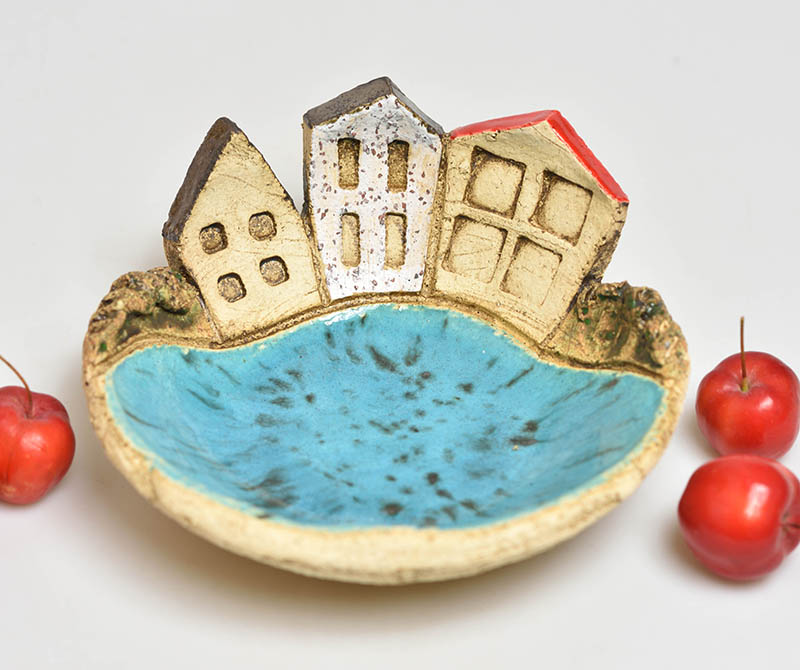 Keramická miska malá domečková tyrkysová