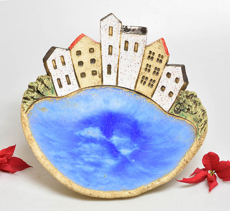 Keramická mísa domečková velká modrá