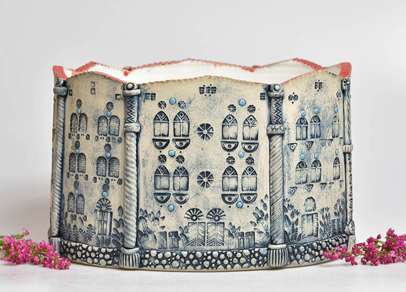 Keramický obal velký na květináč - domky