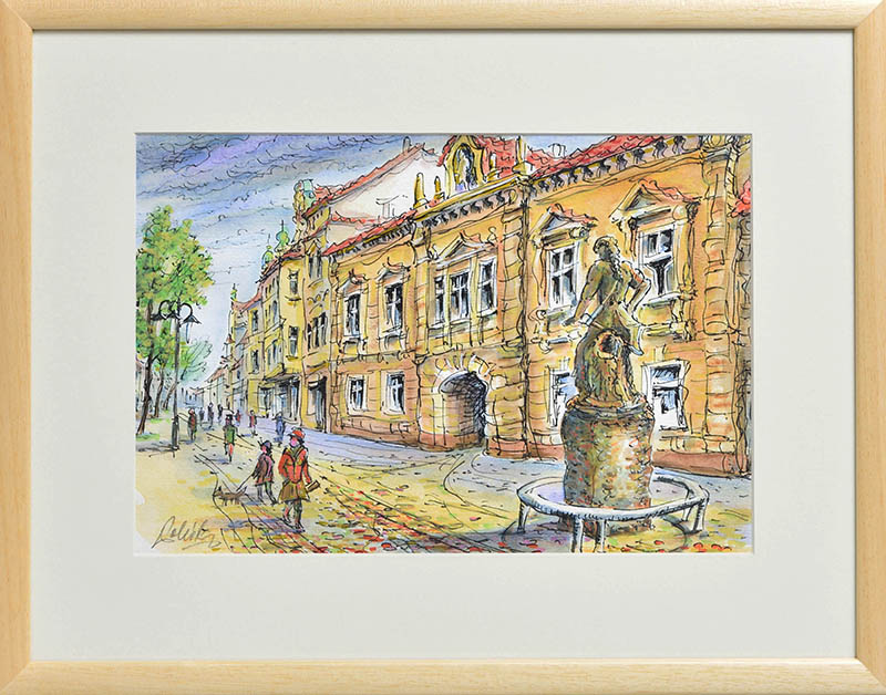 Rudolf Pollák, Šumperk - Hlavní třída, socha Císaře Josefa II. - pero/akvarel