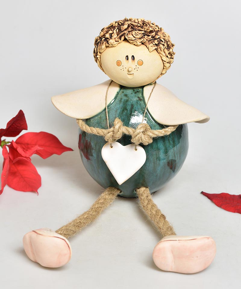 Keramický anděl se srdíčkem kulatý - tyrkysový