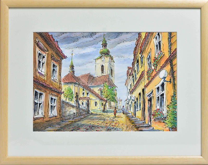 Rudolf Pollák, Šumperk - Sadová - Kostel sv. Jana Křtitele, pero/akvarel