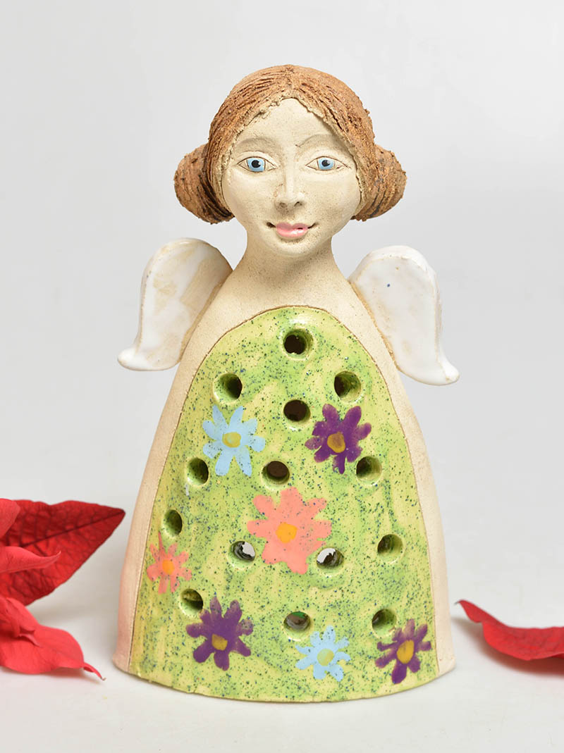 Keramický anděl na svíčku - barevné květy