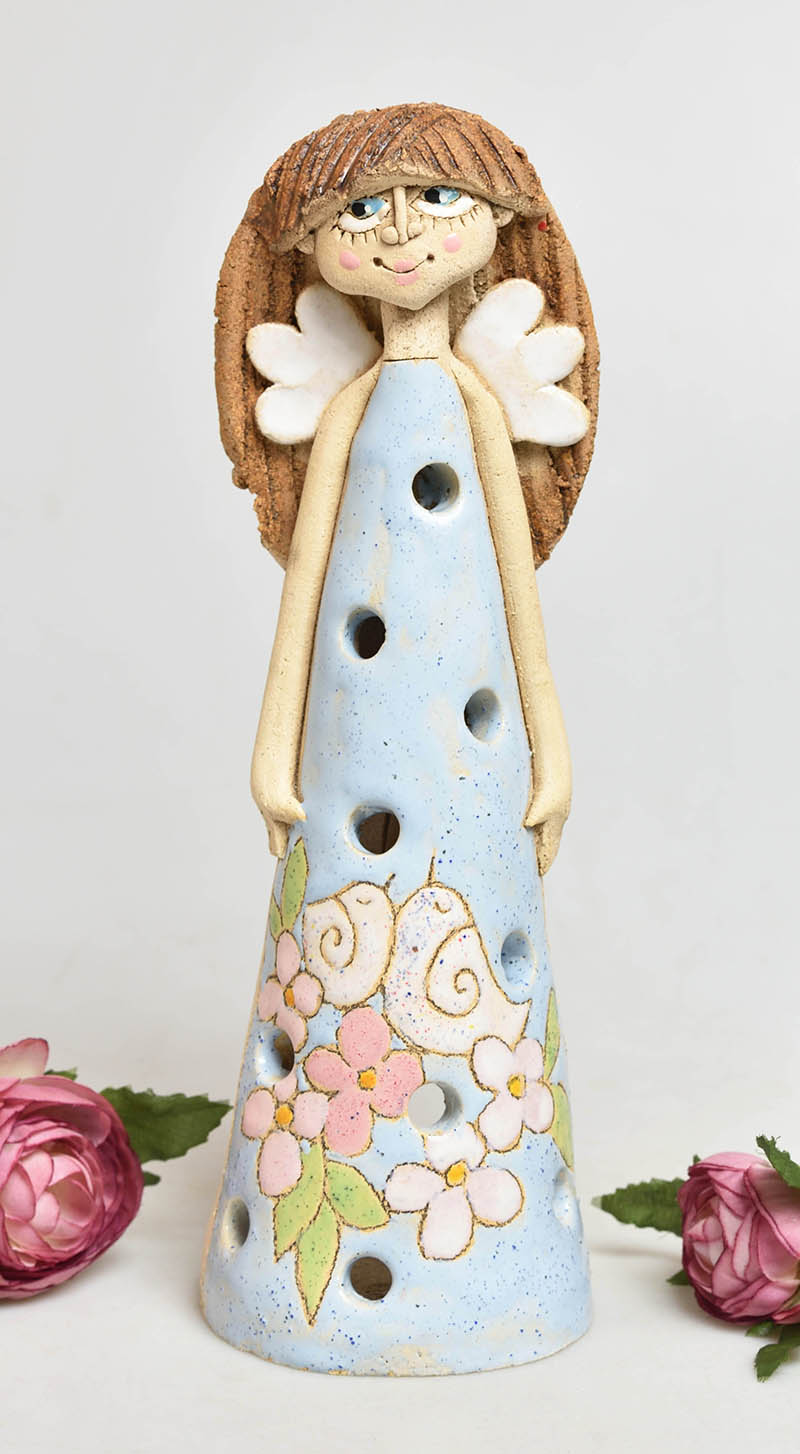 Keramický anděl na svíčku - modré šaty