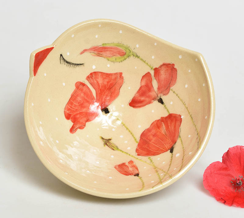 Keramická miska malá ptáček - vlčí máky