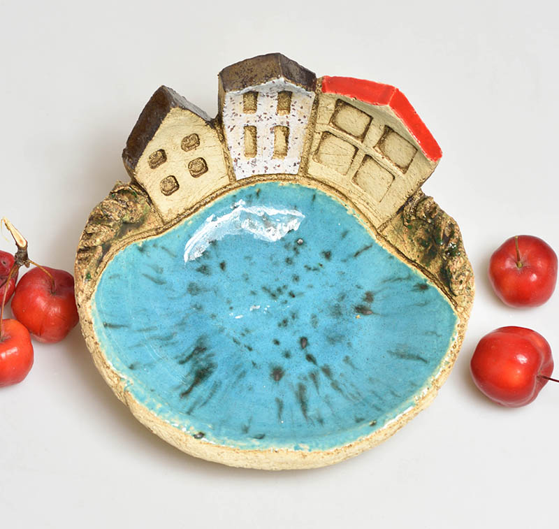 Keramická miska malá domečková tyrkysová