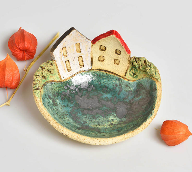 Keramická miska malá domečková zelená