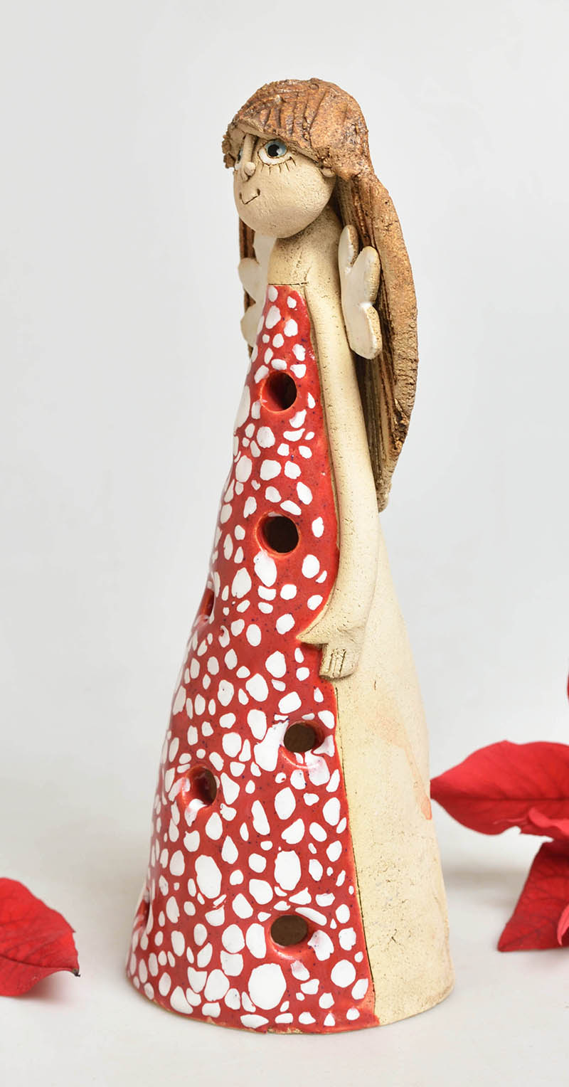 Keramický anděl na svíčku - červené šaty