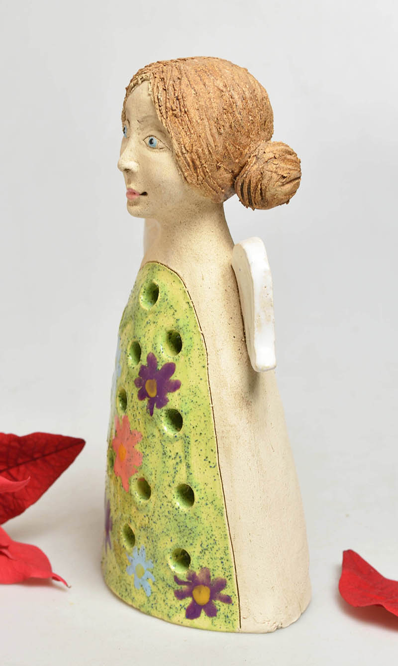 Keramický anděl na svíčku - barevné květy