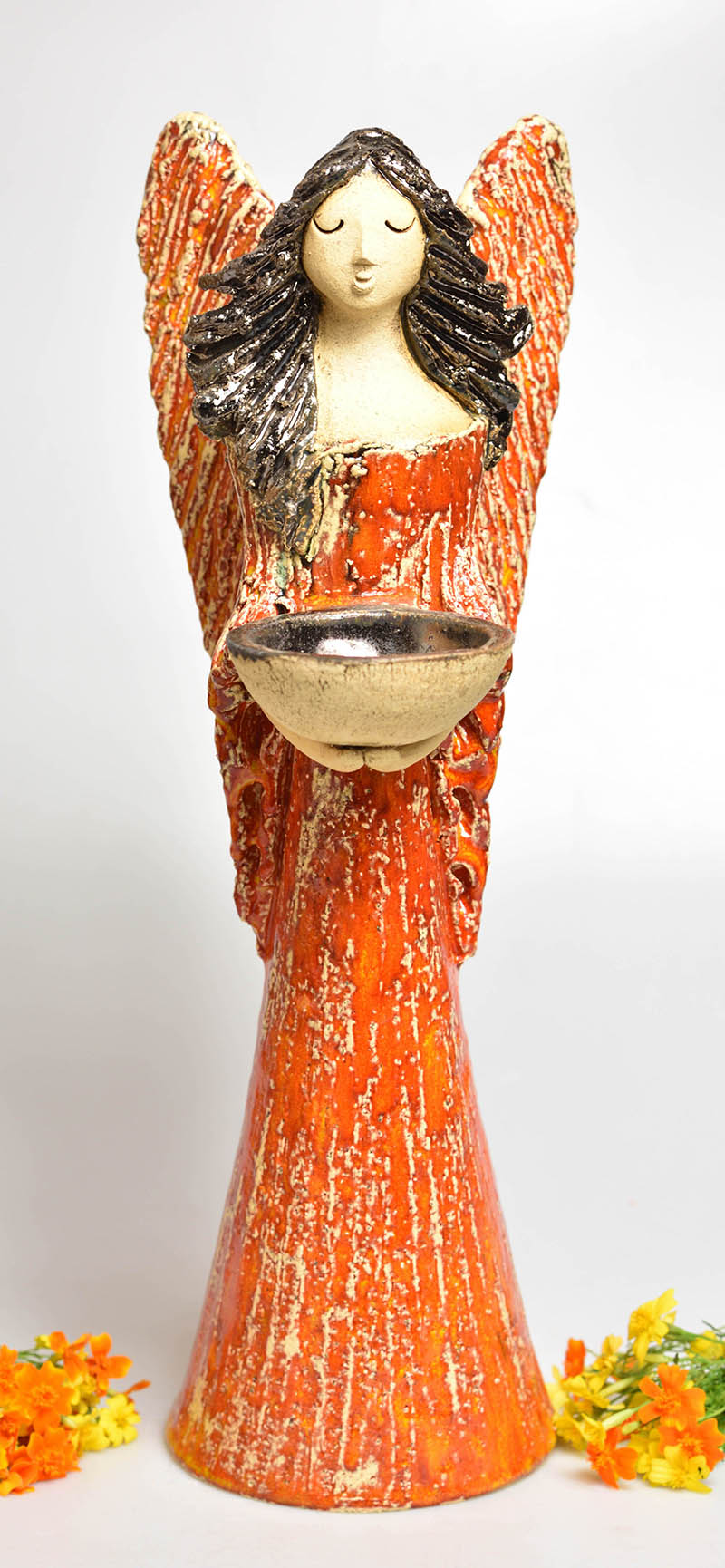 Keramický anděl na svíčku - oranžový
