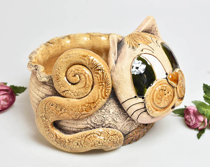 Keramický obal na květináč - kočka