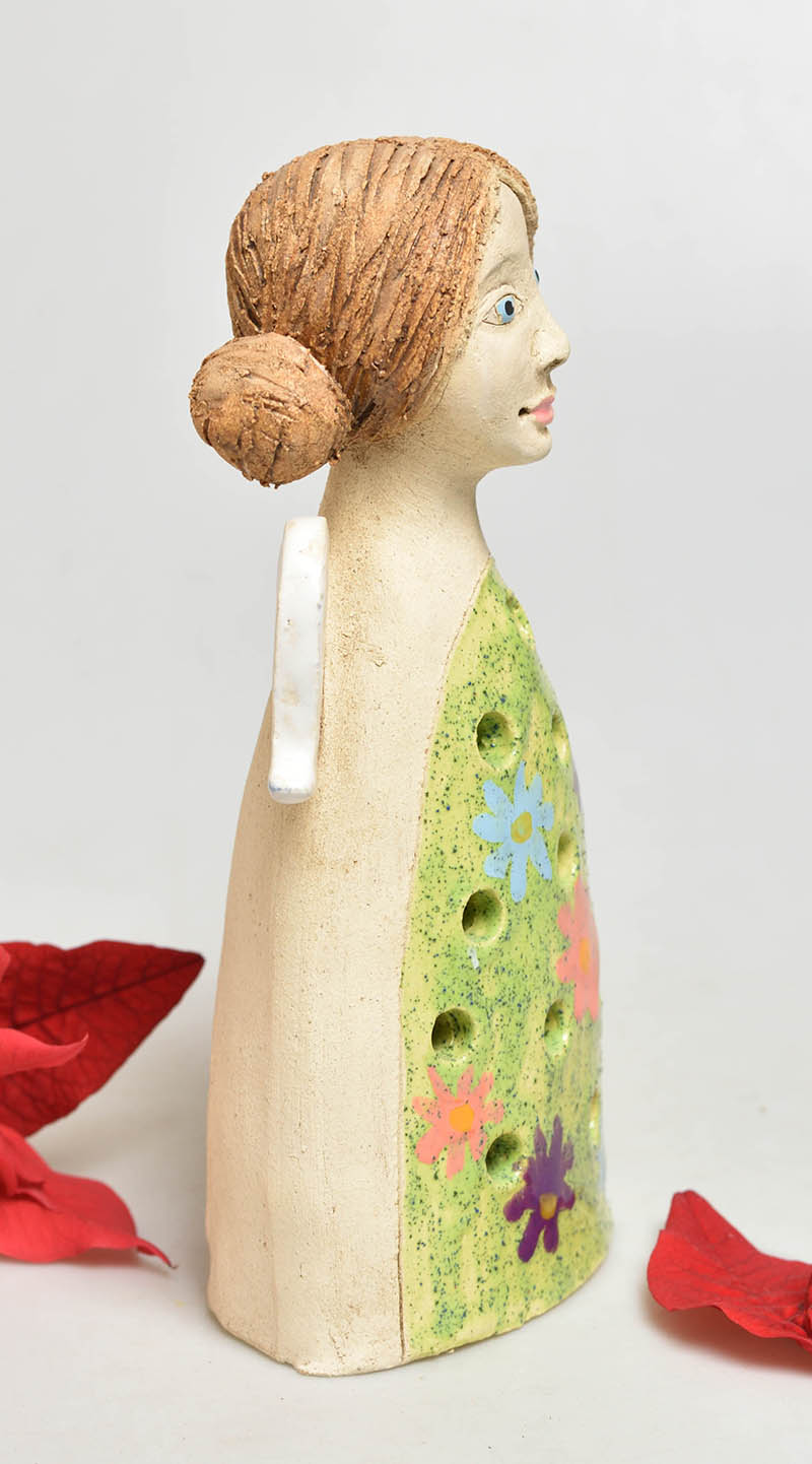 Keramický anděl na svíčku - barevné květy