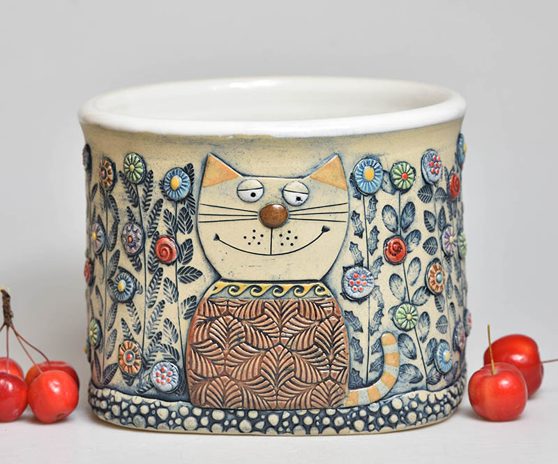 Keramický obal na květináč - kočky