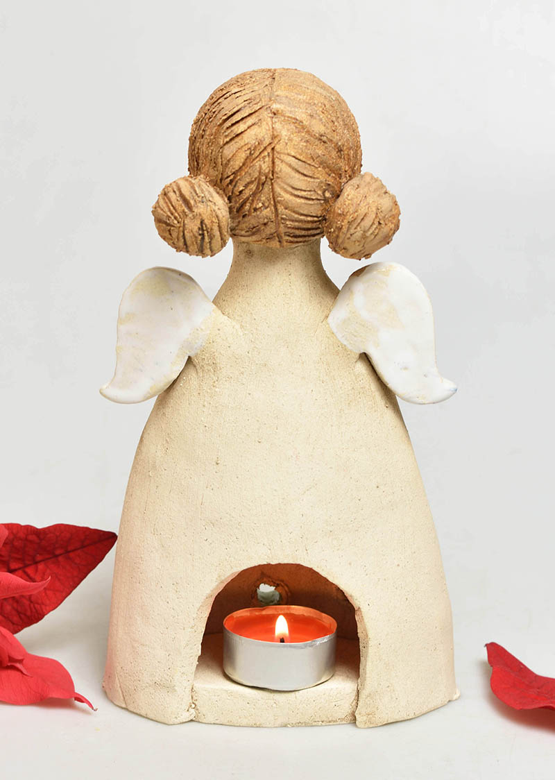 Keramický anděl na svíčku - barevné květy